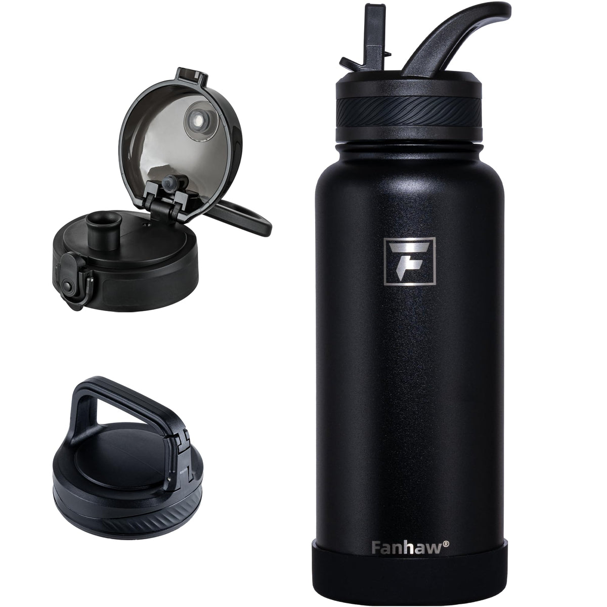 Fanhaw 32 oz Insulated Water Bottle – Portable Stainless Steel Flask with 3 Lids (Straw, Chug, Carabiner) | Leakproof, for Gym, Hiking, Work, Travel & Everyday Use (Black)