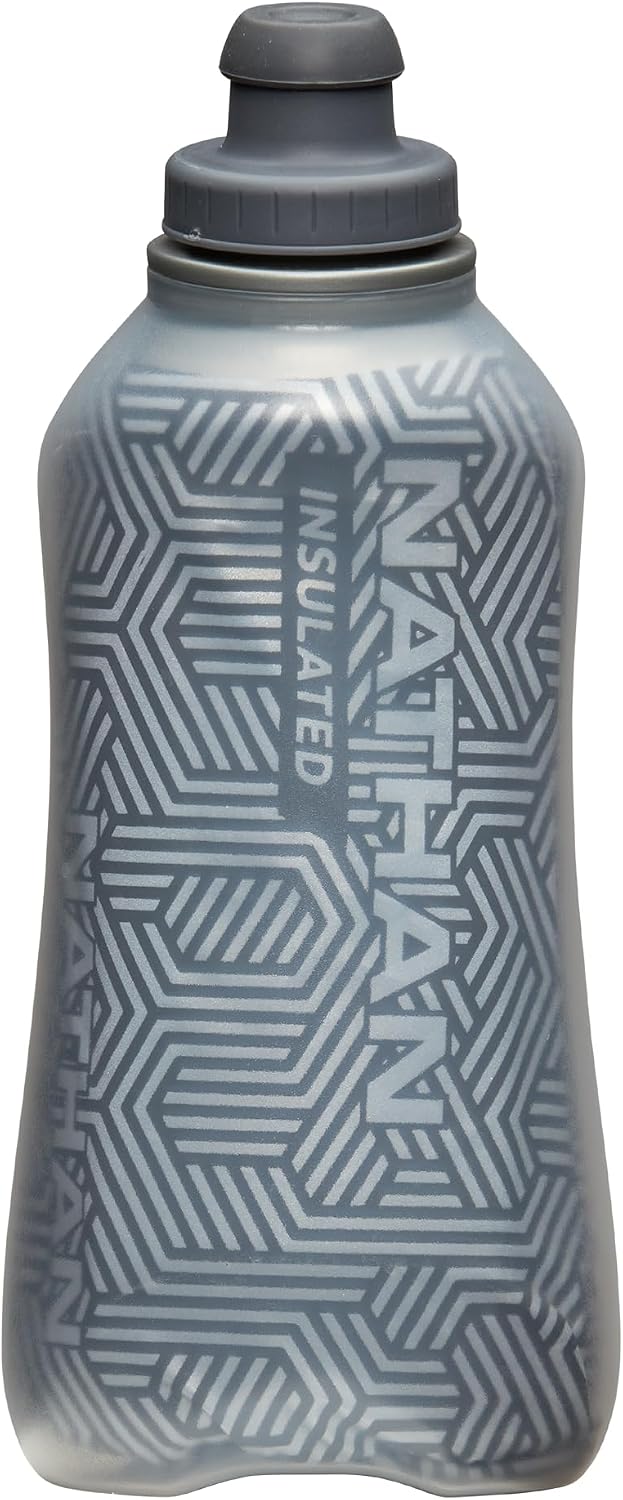 Nathan SpeedDraw 2 Insulated Handheld Running Water Bottle Flask – Double-Wall Insulation, Ergonomic Grip, Blast Valve Cap, Phone & Key Storage Pockets, Reflective Design - 18oz, Deep Blue