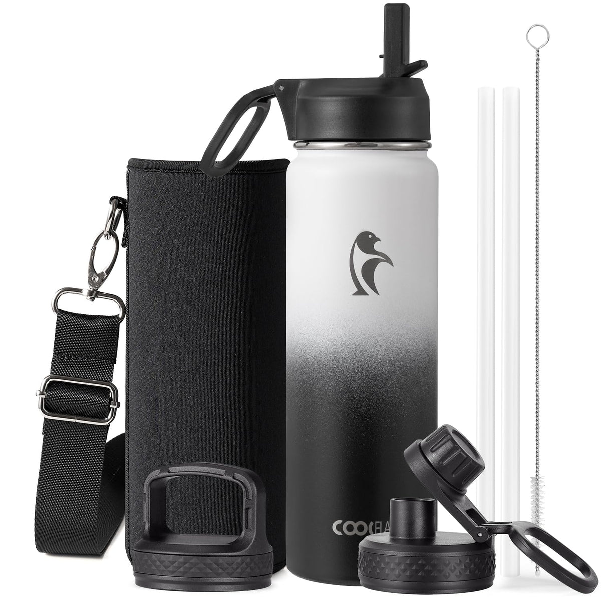 Coolflask Half Gallon Water Bottle Insulated with Straw & 3 Leakproof Lids