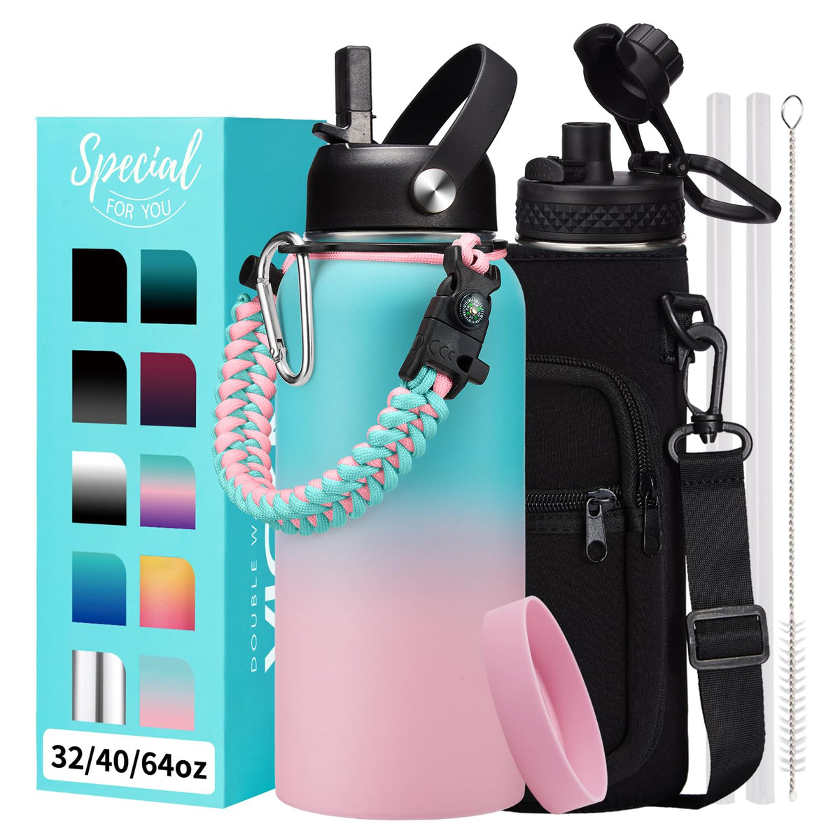 32/40/64OZ Insulated Water Bottle - Keep Cold 48H Hot 24H, Combo Straw/Spout Lids, Paracord Handle for Gym/Hiking, Carrier Bag +Strap, Cup Mat, BPA-Free Stainless Steel Flask Jug