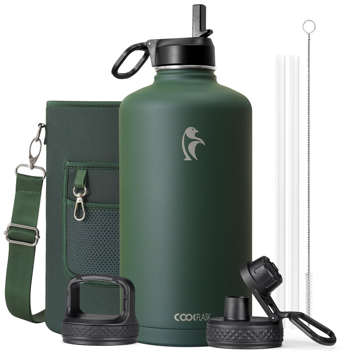 Coolflask 40 oz Water Bottle Insulated with Straw & 3 Leakproof Lids