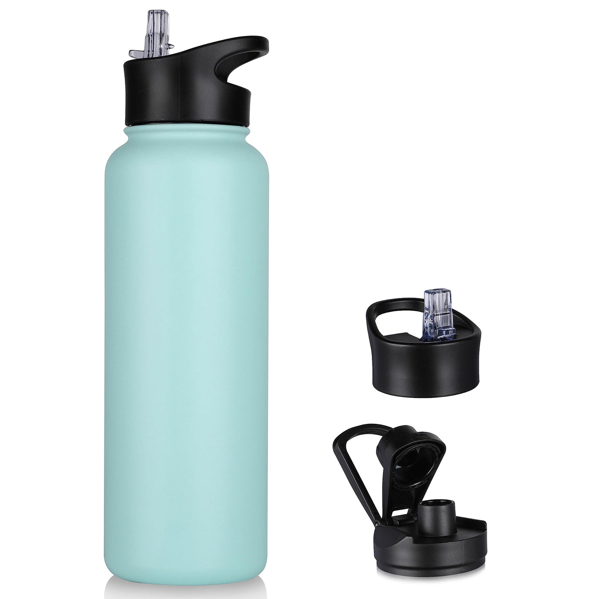 40 oz Insulated Water Bottle with Straw, Stainless Steel Sports Water Bottles with 2 Lids (Straw and Wide Mouth lid), Double Wall Vacuum, Leakproof, BPA-Free, Black