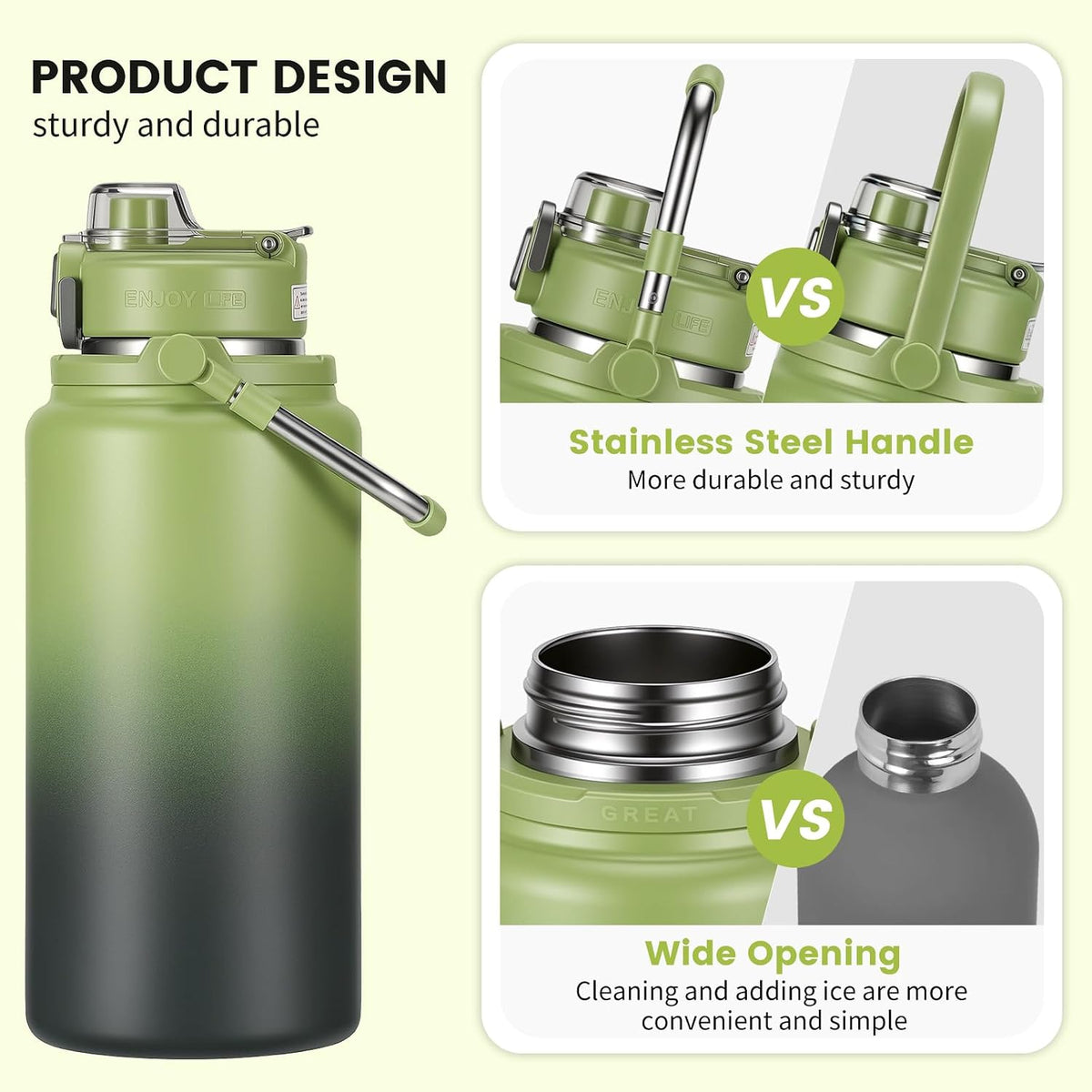 85 oz Insulated Water Bottle, Large Metal Water Jug with Stainless Steel Handle, Double Layer Vacuum Sports Water Flask with Straw & Spout Lids, for Gym, Camping, Outdoor (Green)