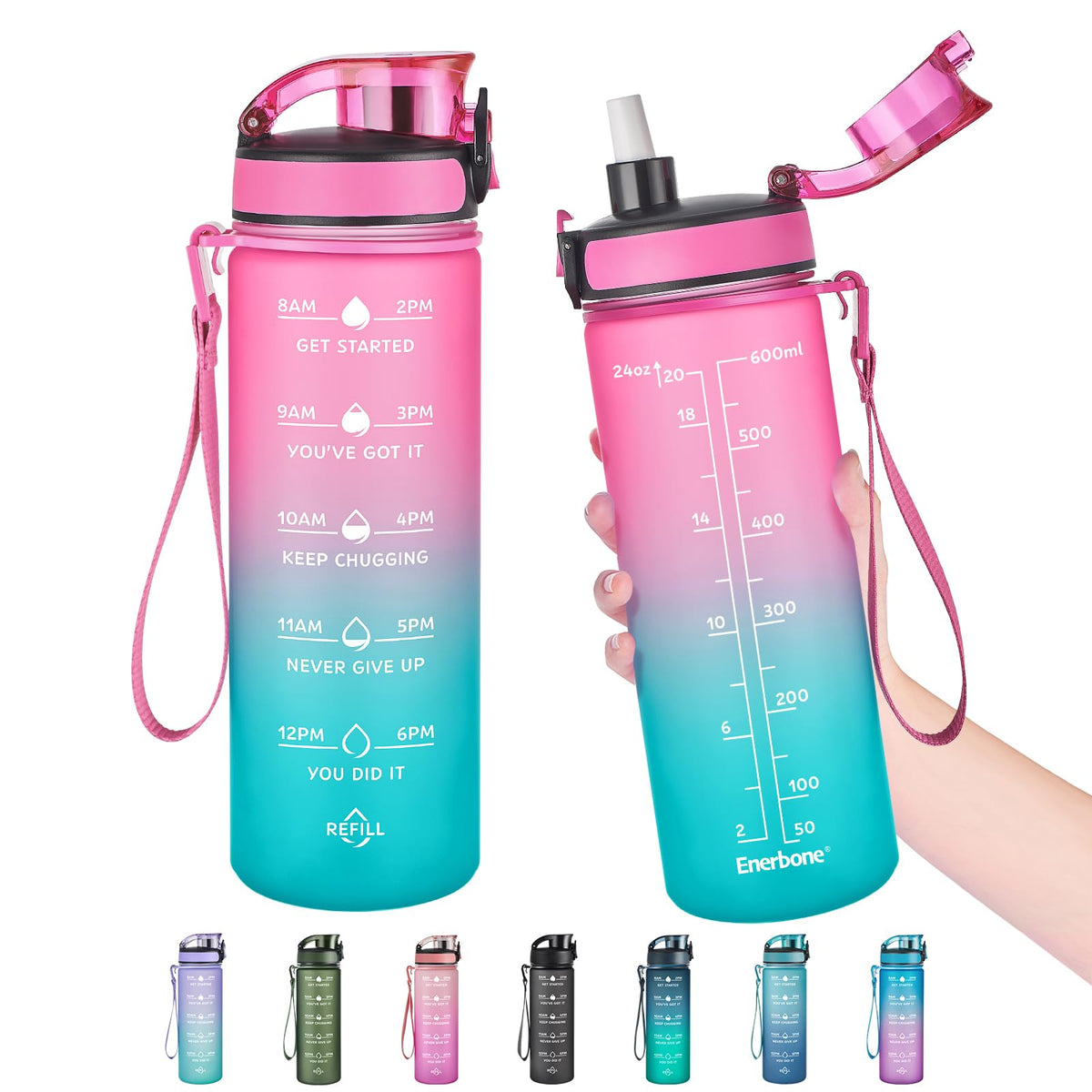 Enerbone Water Bottle, Leakproof BPA & Toxic Free, Motivational Water Bottle with Times to Drink and Straw, Fitness Sports Water Bottle with Strap for Office, Gym, Outdoor Sports