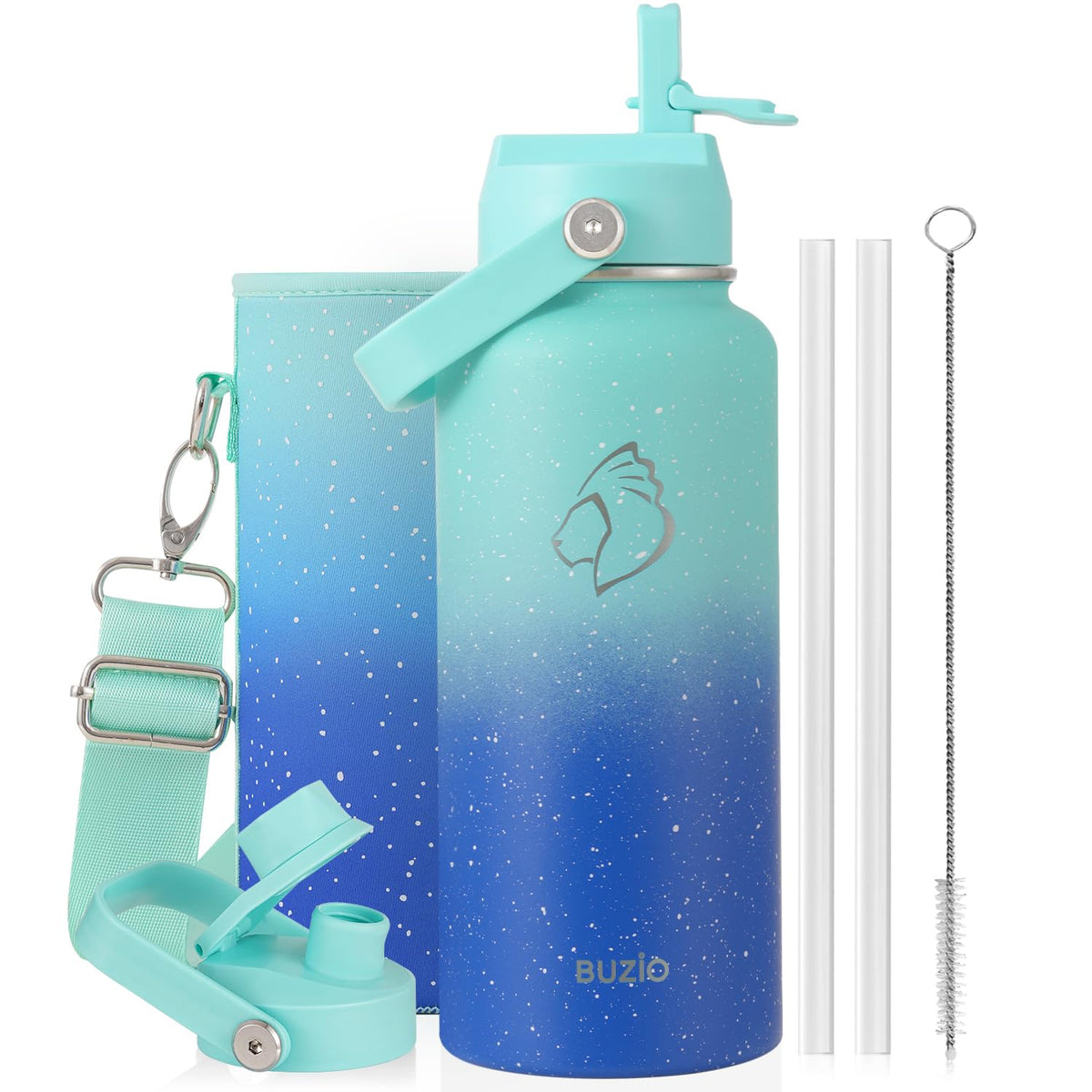 BUZIO 64 oz Insulated Stainless Steel Water Bottle with Dust-proof Lids