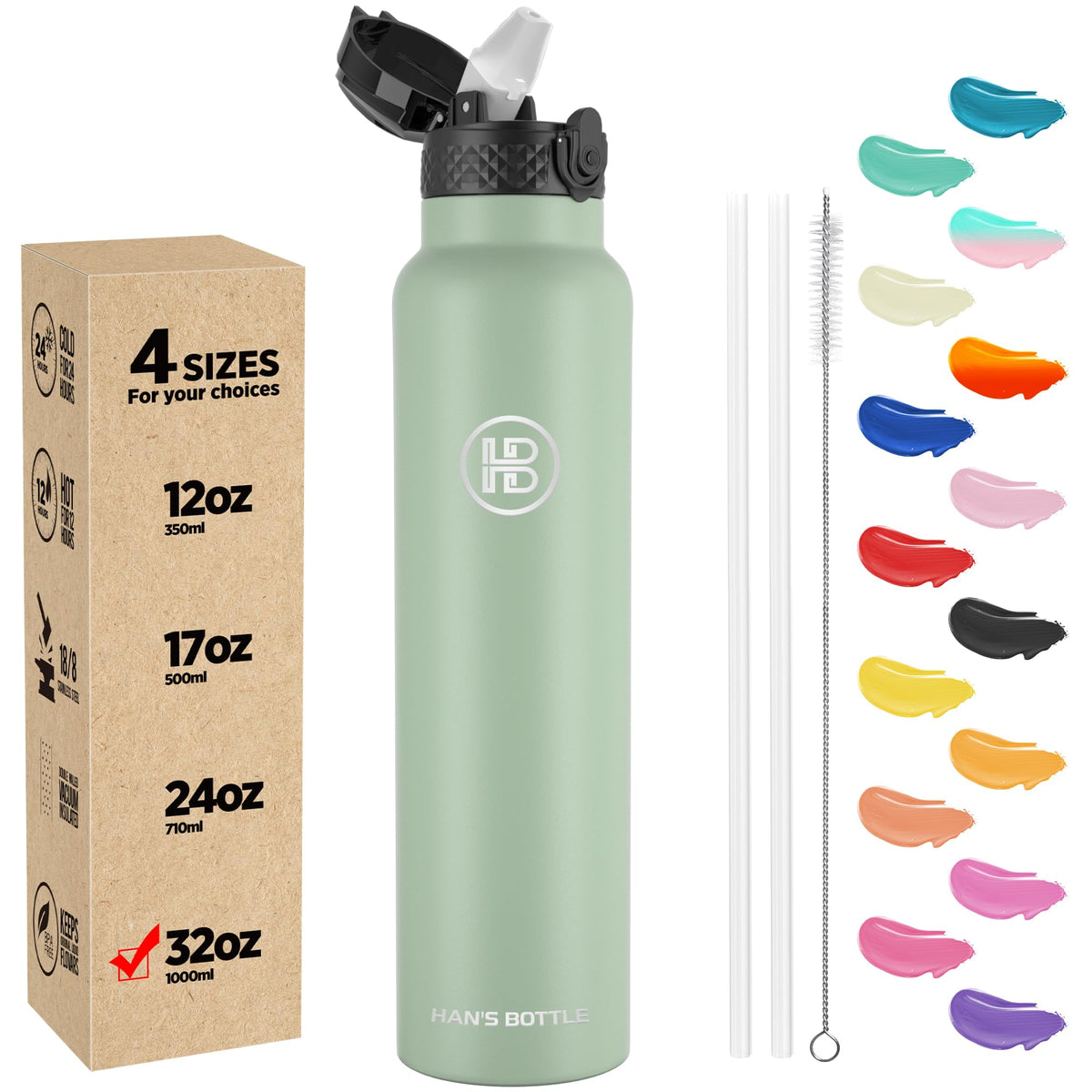 Han's Bottle Sports Water Bottle - 24 Oz, Straw Lid, Leak Proof, Vacuum Insulated Stainless Steel, Double Walled, Thermo Mug,Black