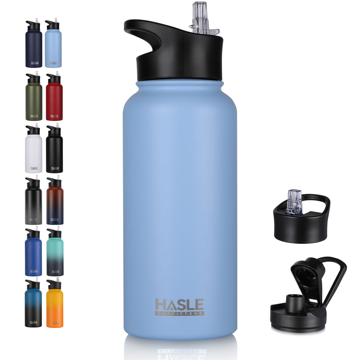 HASLE OUTFITTERS 32 oz Insulated Water Bottle Stainless Steel Double Walled Vacuum Sports Water Bottle with 2 Lids (Straw and Spout Lid) for Gym Camping Hiking(Black,1)