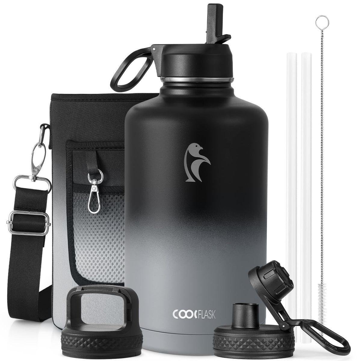 Coolflask Half Gallon Water Bottle Insulated with Straw & 3 Leakproof Lids