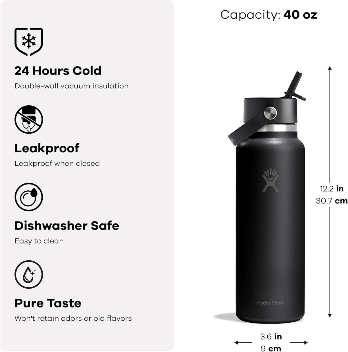 Hydro Flask Water Bottle - Insulated Stainless Steel - Wide Straw Lid, Non Spill, Leakproof in 40 Oz Tonal Black