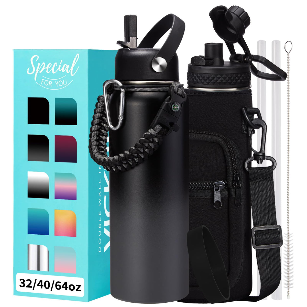 32/40/64OZ Insulated Water Bottle - Keep Cold 48H Hot 24H, Combo Straw/Spout Lids, Paracord Handle for Gym/Hiking, Carrier Bag +Strap, Cup Mat, BPA-Free Stainless Steel Flask Jug