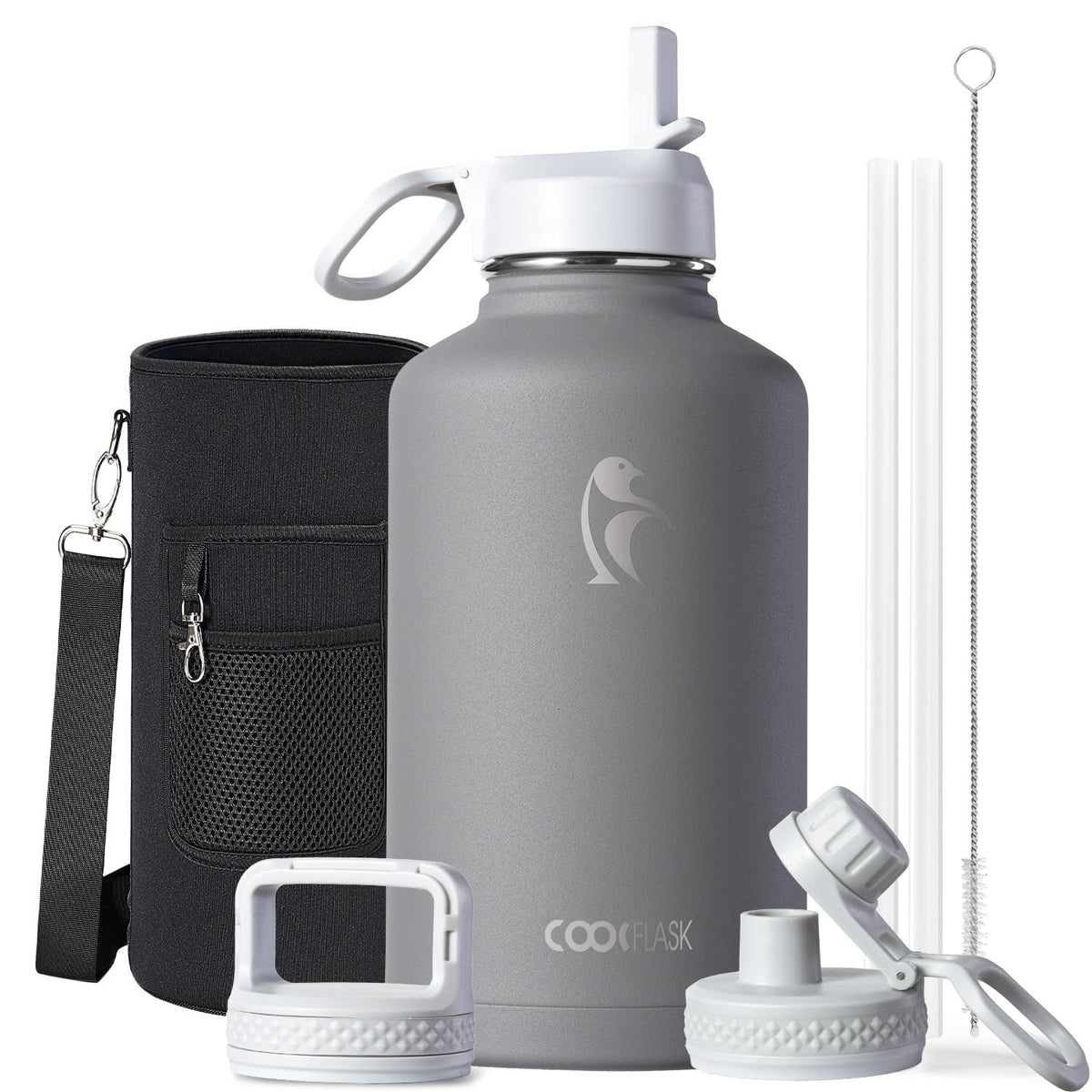 Coolflask Half Gallon Water Bottle Insulated with Straw & 3 Leakproof Lids