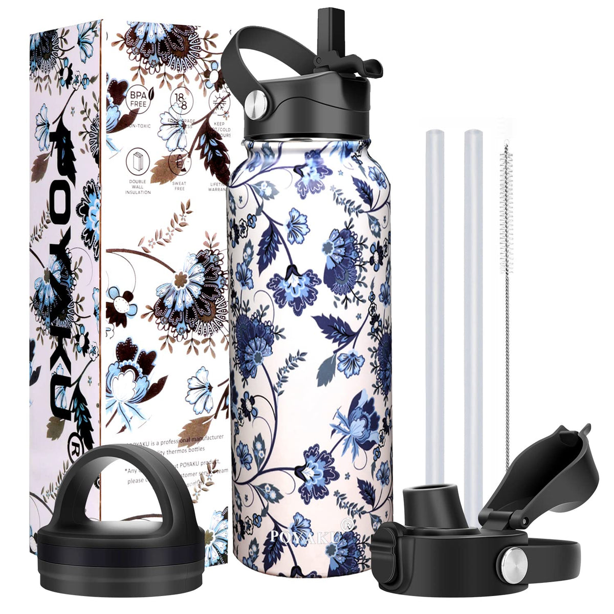 Water Bottle Insulated 32oz 40oz 64oz 128oz Straw Lid Spout Lid & 3 Lids, Leak Proof, Vacuum Insulated,Stainless Steel Water Bottle Wide Mouth for Sports, Gym or Office