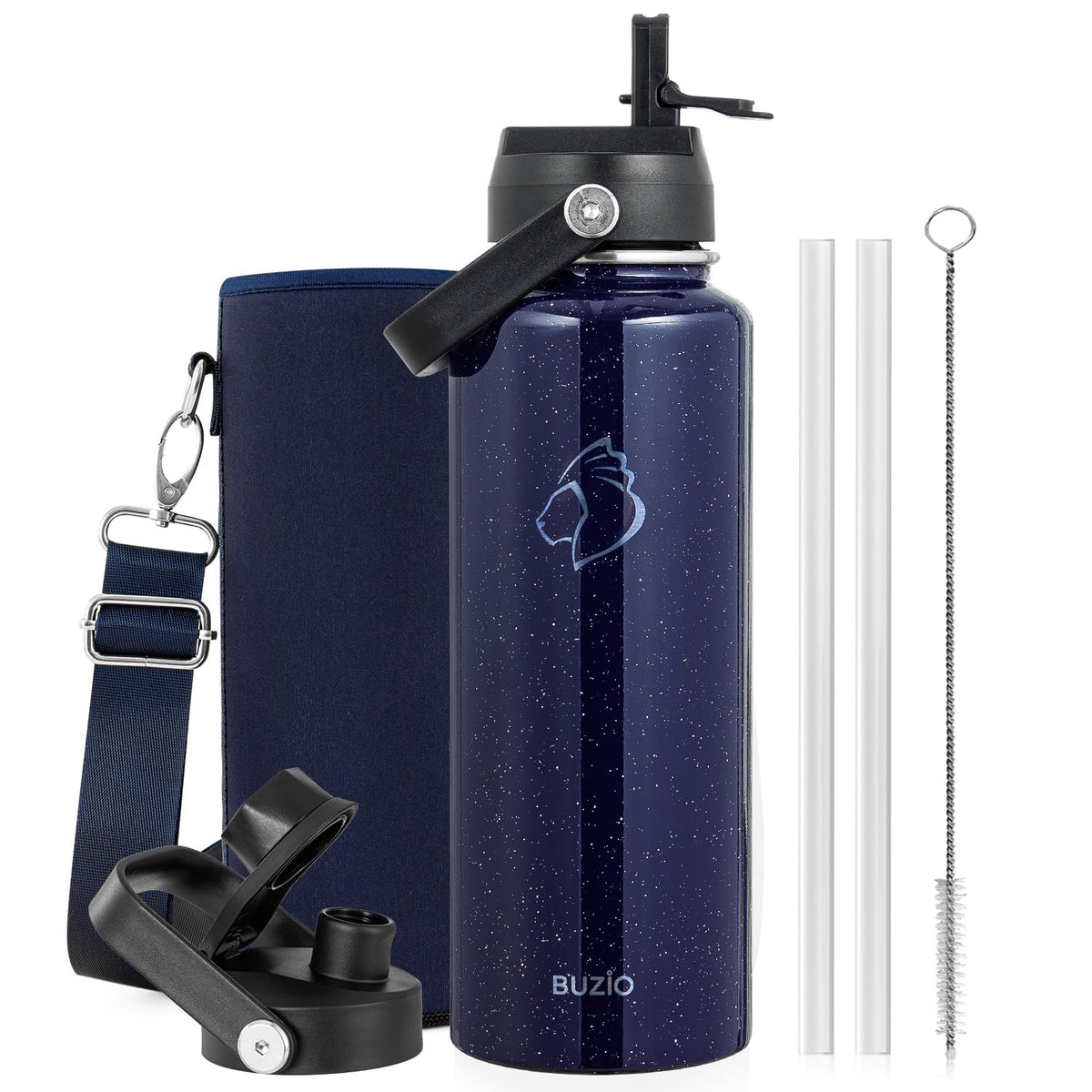 BUZIO 64 oz Insulated Stainless Steel Water Bottle with Dust-proof Lids