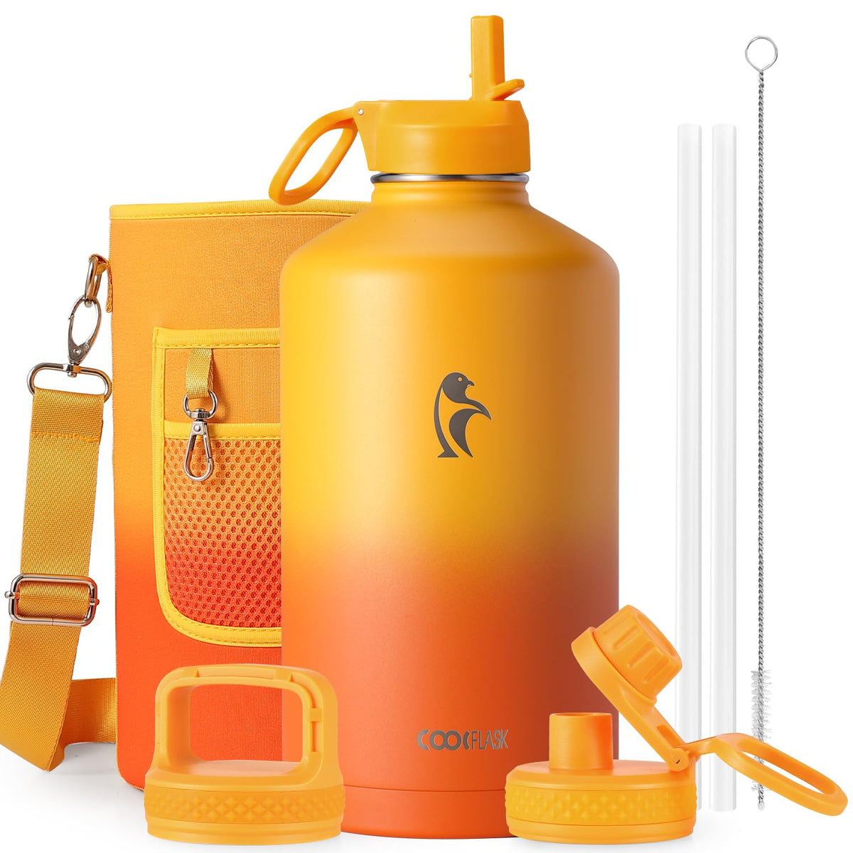 Coolflask Half Gallon Water Bottle Insulated with Straw & 3 Leakproof Lids