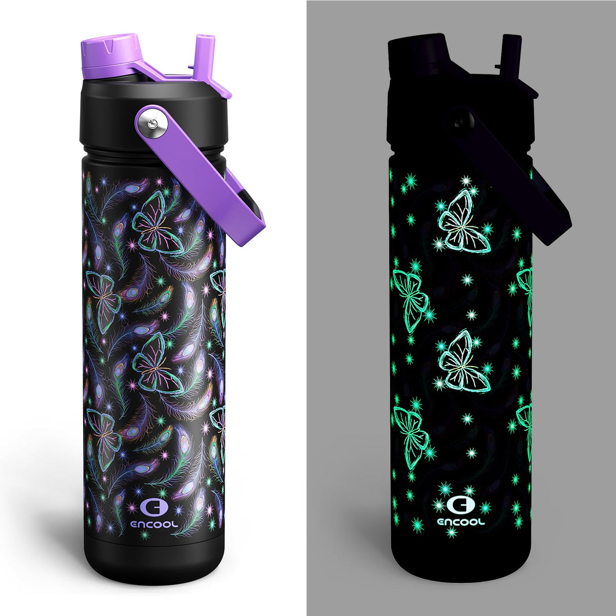 ENCOOL Insulated Water Bottle with Straw Stainless Steel Water Bottle, Leak-Proof, BPA-Free, Double Wall Vacuum Keeps Cold for 24 Hours for Sports, Travel, School (26 oz, Black Night)