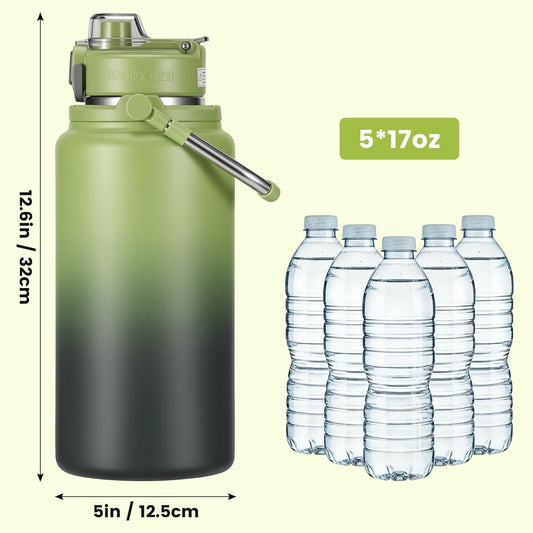 85 oz Insulated Water Bottle, Large Metal Water Jug with Stainless Steel Handle, Double Layer Vacuum Sports Water Flask with Straw & Spout Lids, for Gym, Camping, Outdoor (Green)