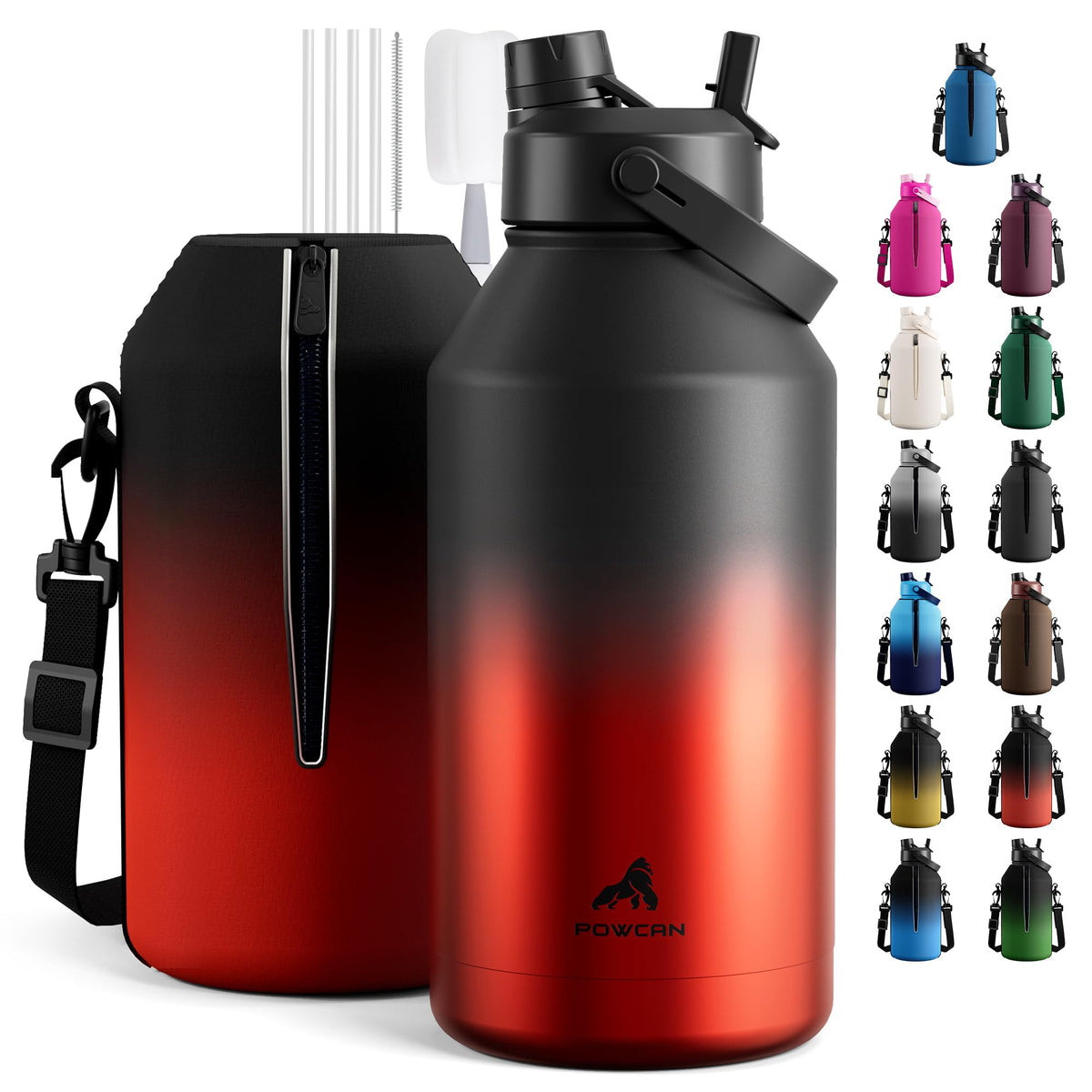 POWCAN 64 oz Insulated Water Bottle for Sports: 2-in-1 Straw & Spout Lid, Leakproof, Carrier Bag, Shoulder Strap, Keep Cold 48H, BPA-Free, Half Gallon Metal Water Jug for Gym, Travel, Gift (Midnight)