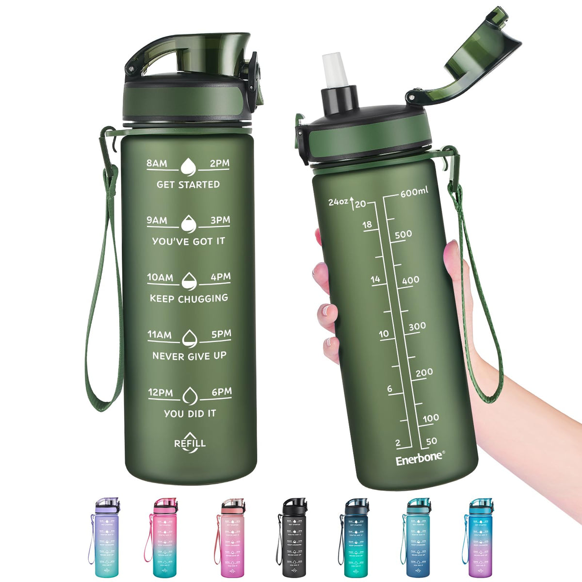 Enerbone Water Bottle, Leakproof BPA & Toxic Free, Motivational Water Bottle with Times to Drink and Straw, Fitness Sports Water Bottle with Strap for Office, Gym, Outdoor Sports