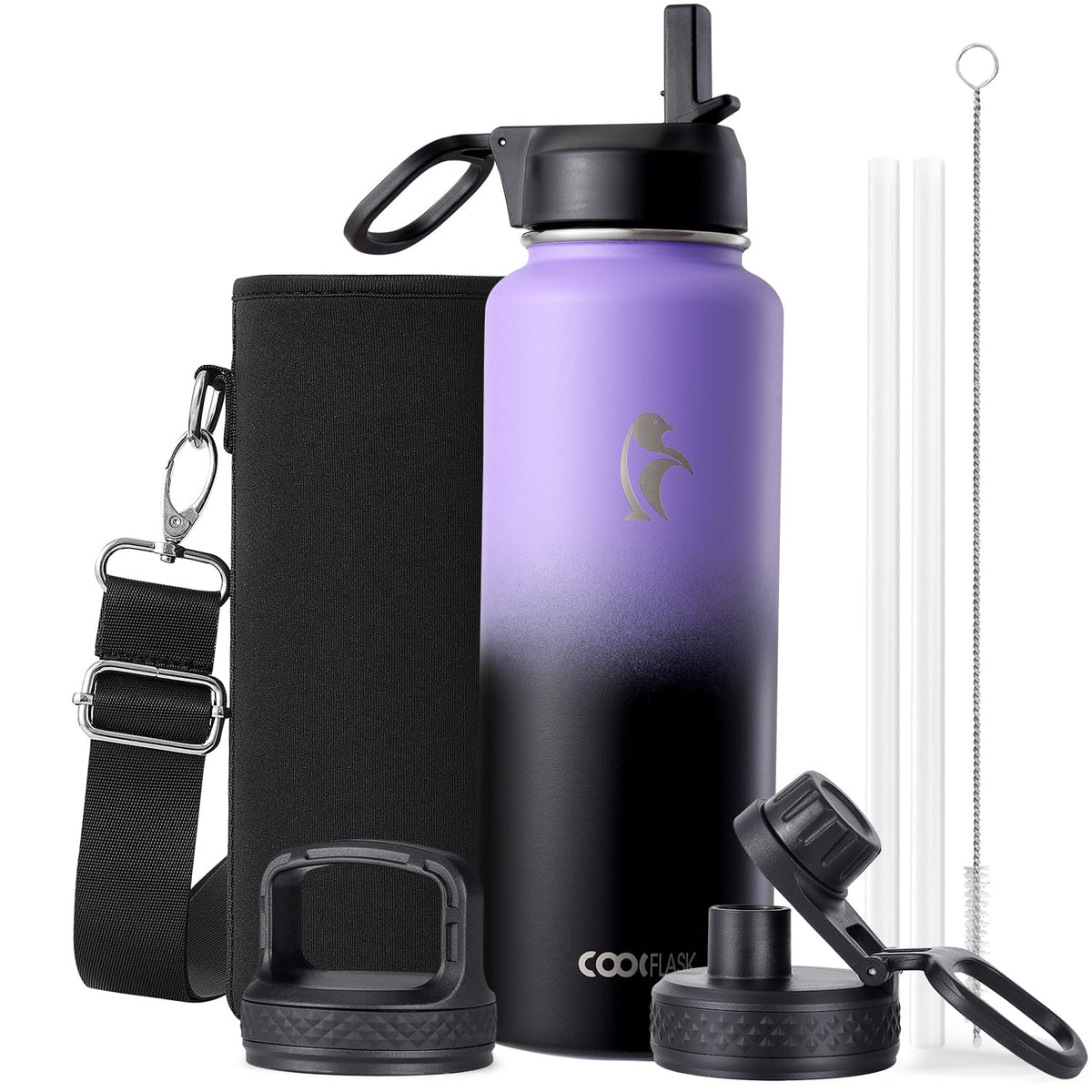 Coolflask Half Gallon Water Bottle Insulated with Straw & 3 Leakproof Lids