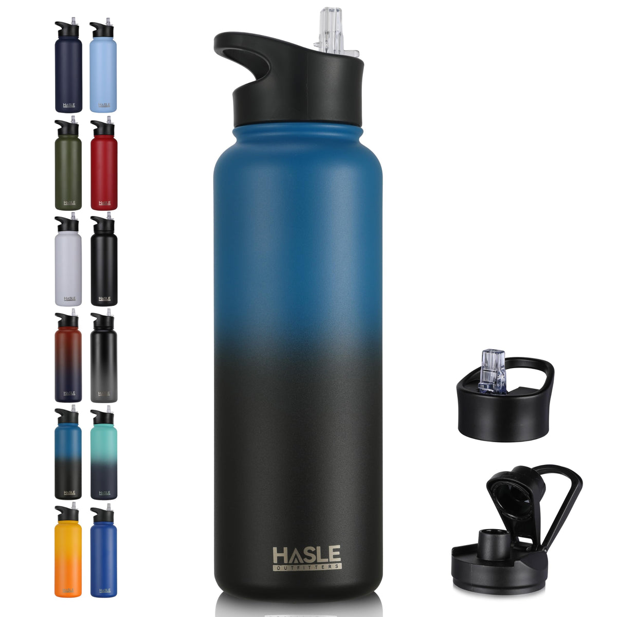 HASLE OUTFITTERS 32 oz Insulated Water Bottle Stainless Steel Double Walled Vacuum Sports Water Bottle with 2 Lids (Straw and Spout Lid) for Gym Camping Hiking(Black,1)