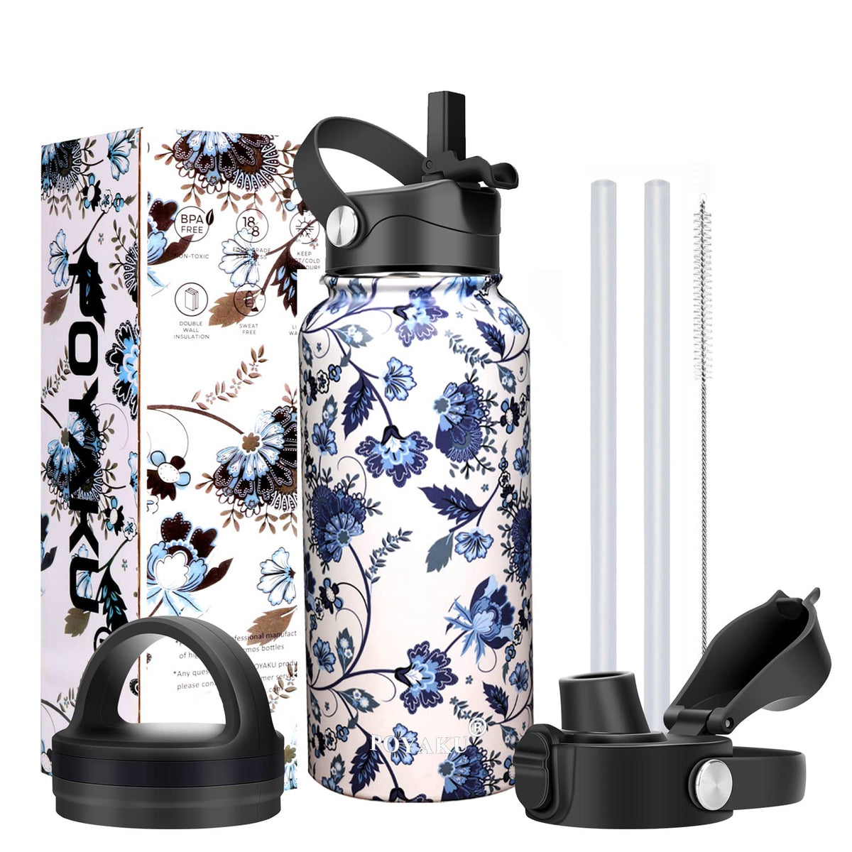 Water Bottle Insulated 32oz 40oz 64oz 128oz Straw Lid Spout Lid & 3 Lids, Leak Proof, Vacuum Insulated,Stainless Steel Water Bottle Wide Mouth for Sports, Gym or Office