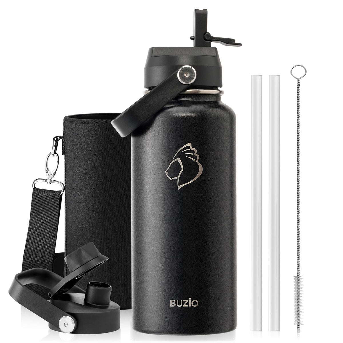 BUZIO 64 oz Insulated Stainless Steel Water Bottle with Dust-proof Lids