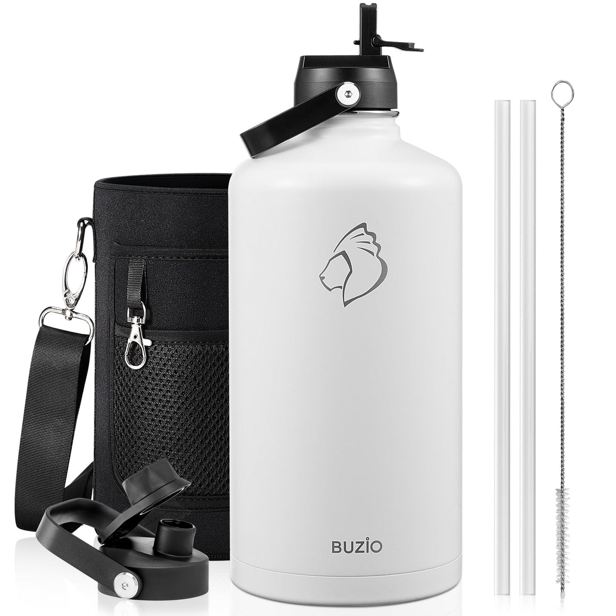 BUZIO 64 oz Insulated Stainless Steel Water Bottle with Dust-proof Lids