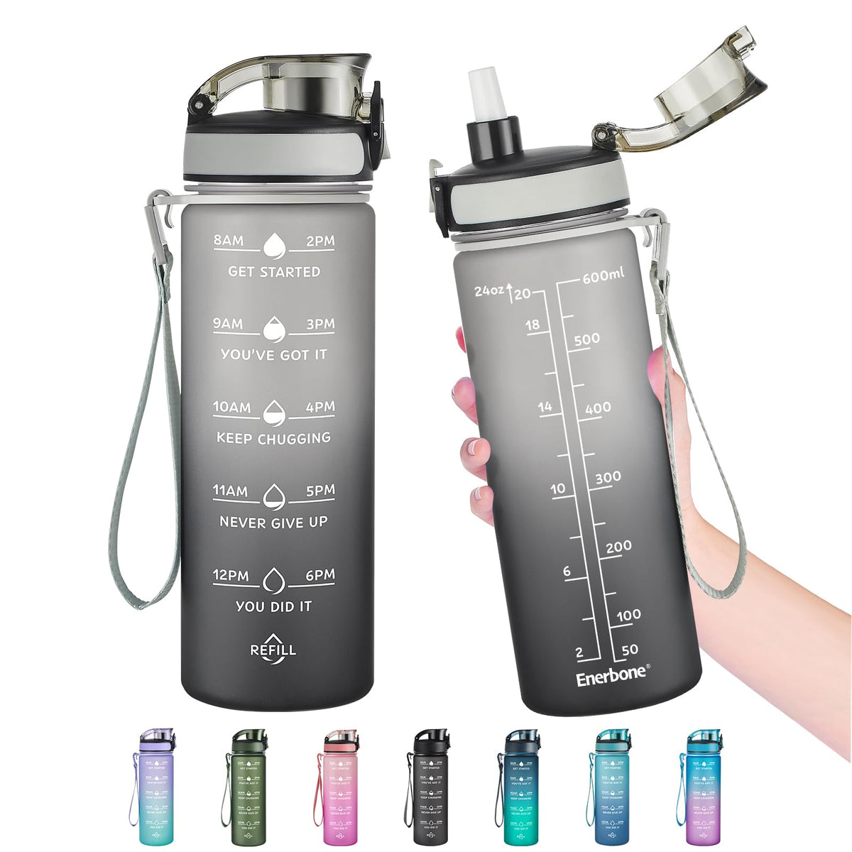 Enerbone Water Bottle, Leakproof BPA & Toxic Free, Motivational Water Bottle with Times to Drink and Straw, Fitness Sports Water Bottle with Strap for Office, Gym, Outdoor Sports
