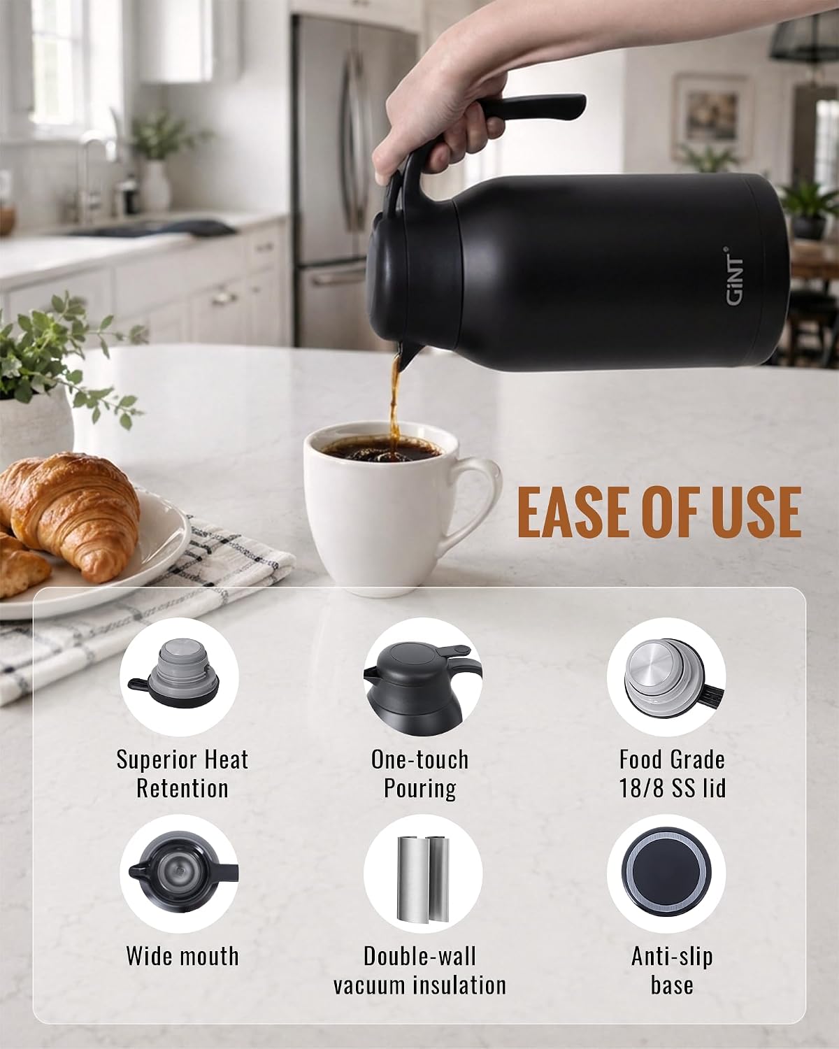 GiNT 74oz Thermal Coffee Carafe, Insulated Carafe for Hot Liquids(Black)