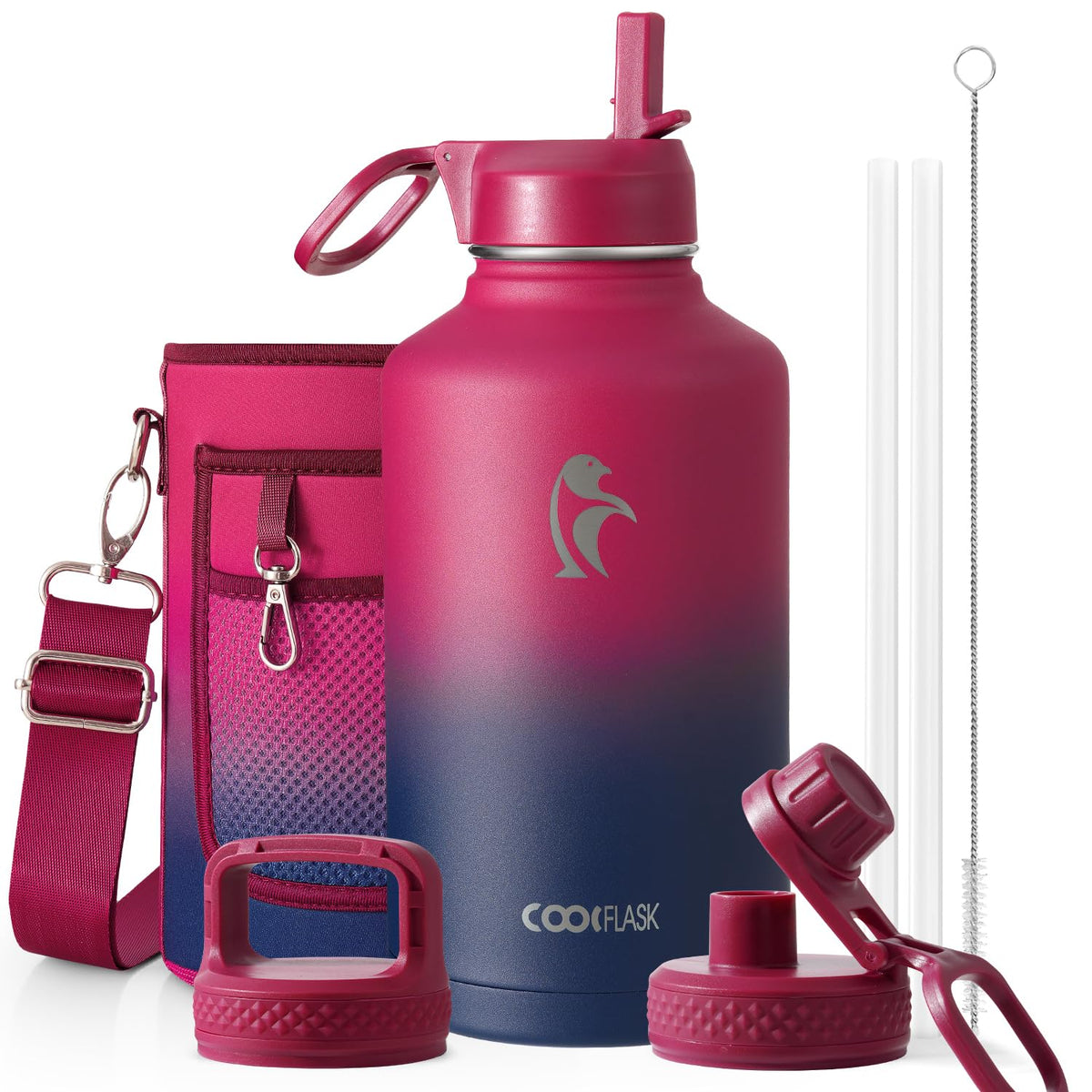 Coolflask Half Gallon Water Bottle Insulated with Straw & 3 Leakproof Lids