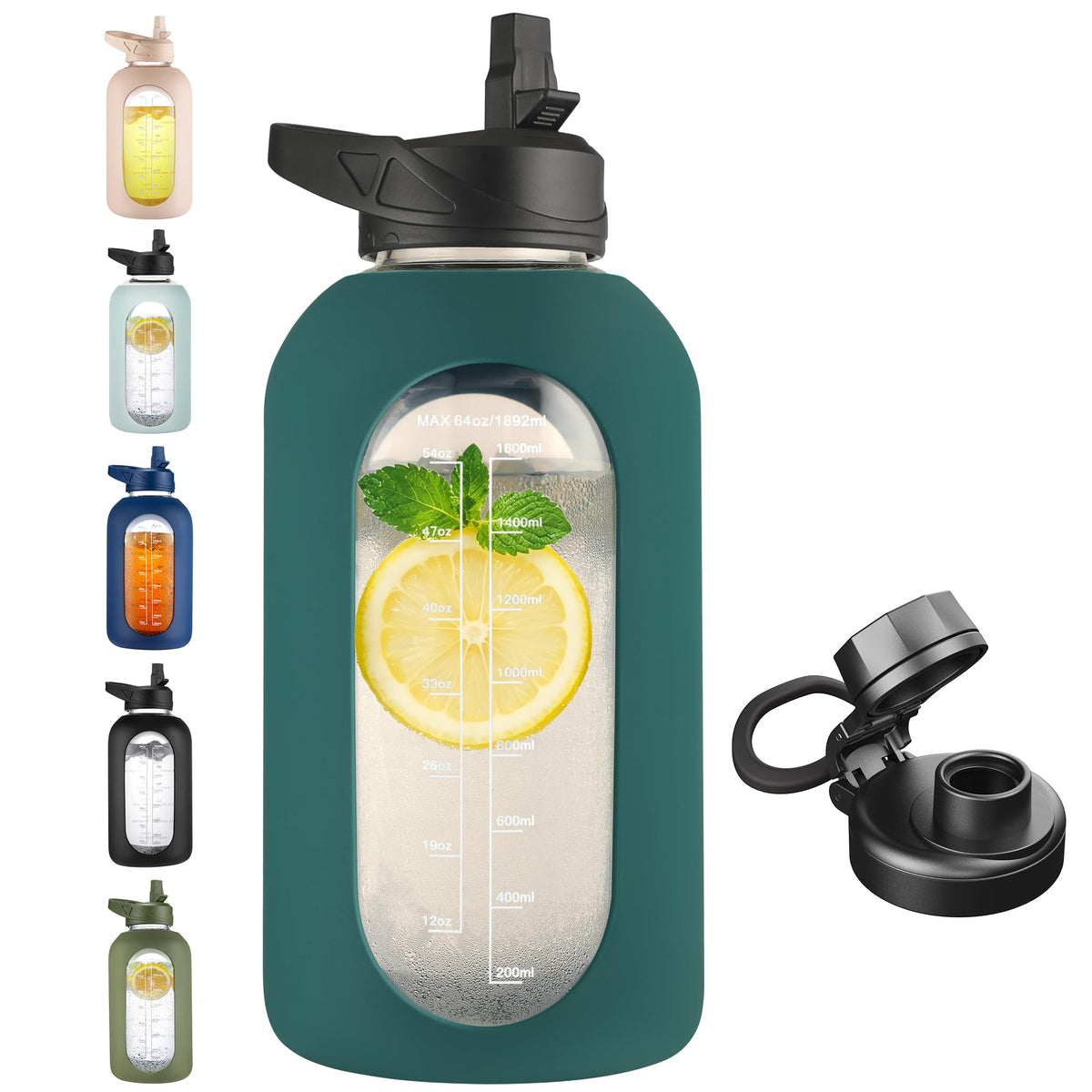 CIVAGO 64 oz Glass Water Bottle with Straw, Half Gallon Large Water Jug