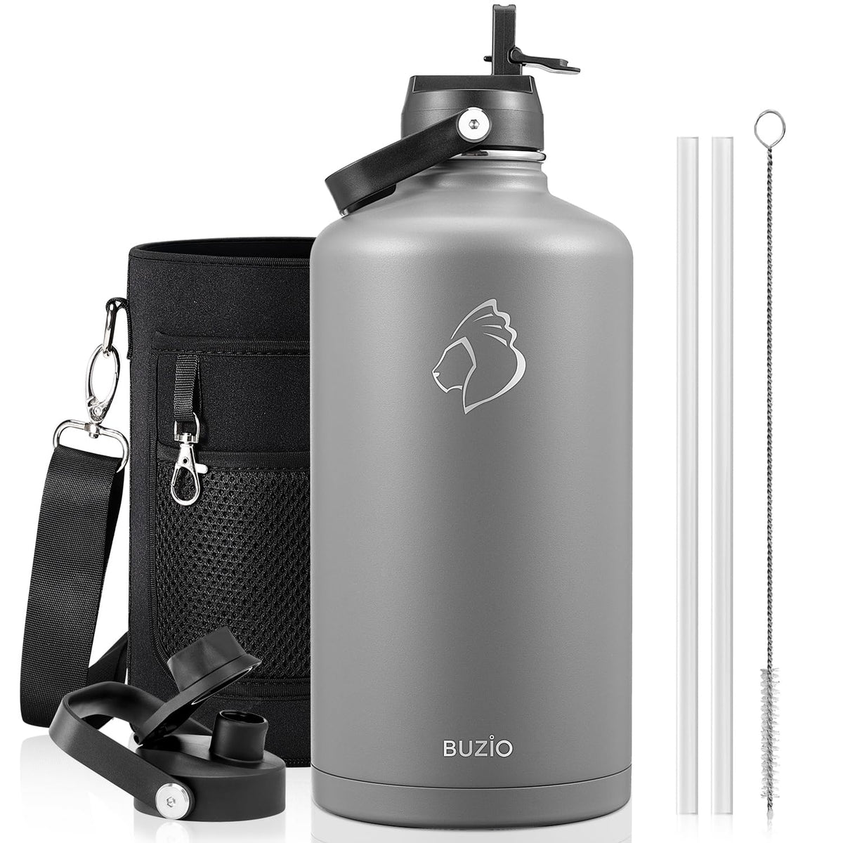 BUZIO 64 oz Insulated Stainless Steel Water Bottle with Dust-proof Lids