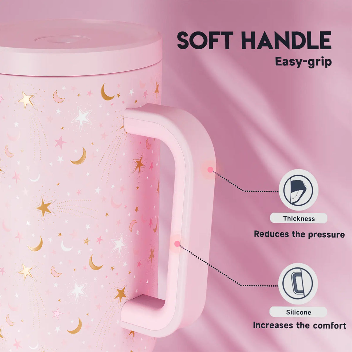 MEOKY 40oz Glow-in-the-Dark Star Print Blush Pink Leakproof Tumbler with Handle - Double Wall Insulated Stainless Steel Vacuum Flask, Non-Slip Base, Car-Friendly BPA-Free, Built-in Straw, Glow Pink Starry, Fun Design #tiktokshopstockup,sohochic