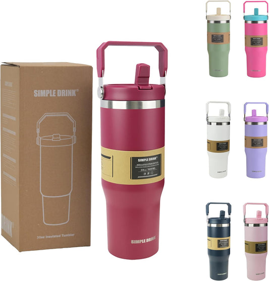 30oz Flip Straw Insulated Water Bottle with Handle, Leak Proof Stainless Steel Travel Tumbler With Lid, Double Wall Vacuum Iced Coffee Travel Mug, Sport Cup, Outside use
