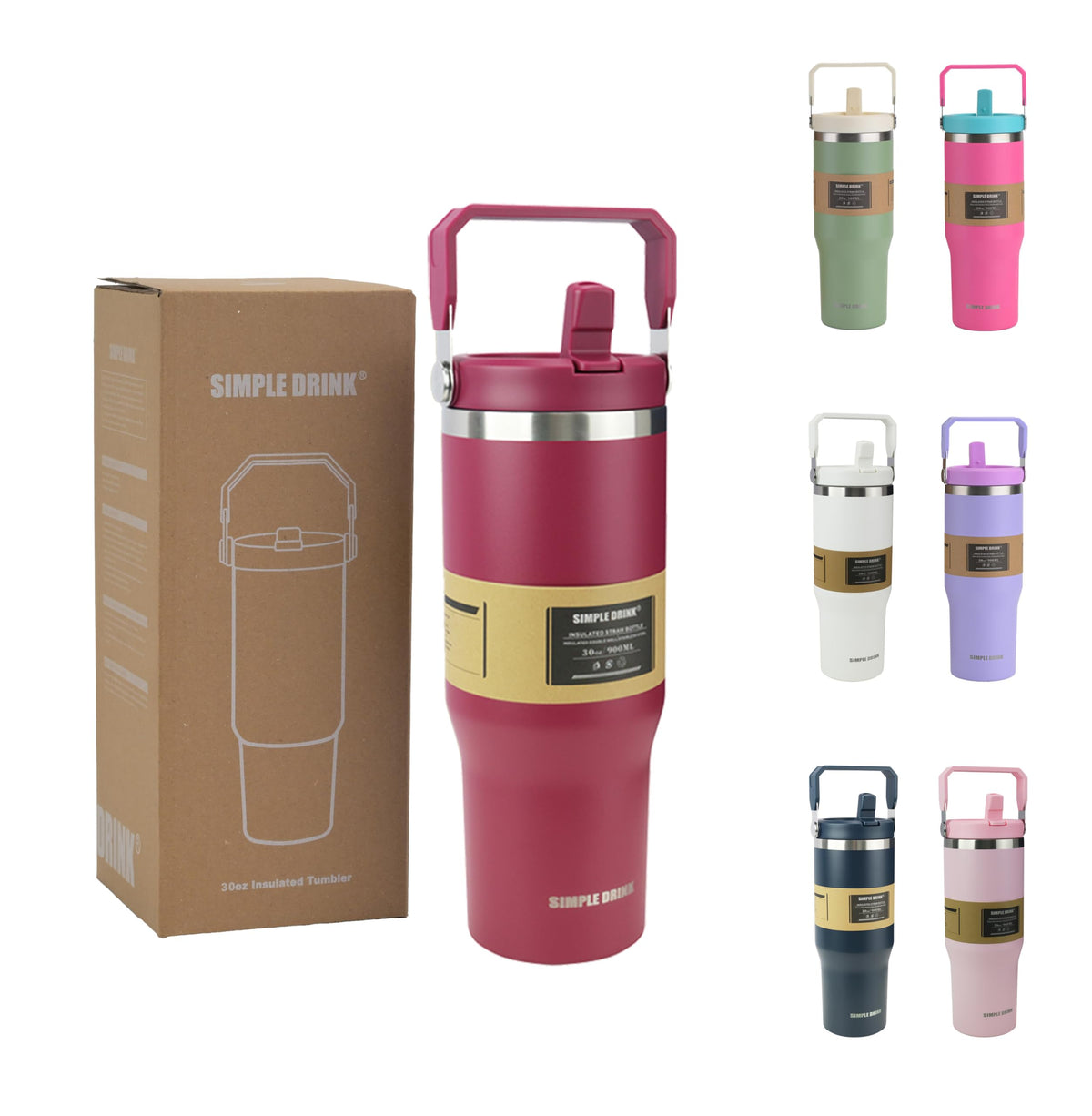 30oz Flip Straw Insulated Water Bottle with Handle, Leak Proof Stainless Steel Travel Tumbler With Lid, Double Wall Vacuum Iced Coffee Travel Mug, Sport Cup, Outside use