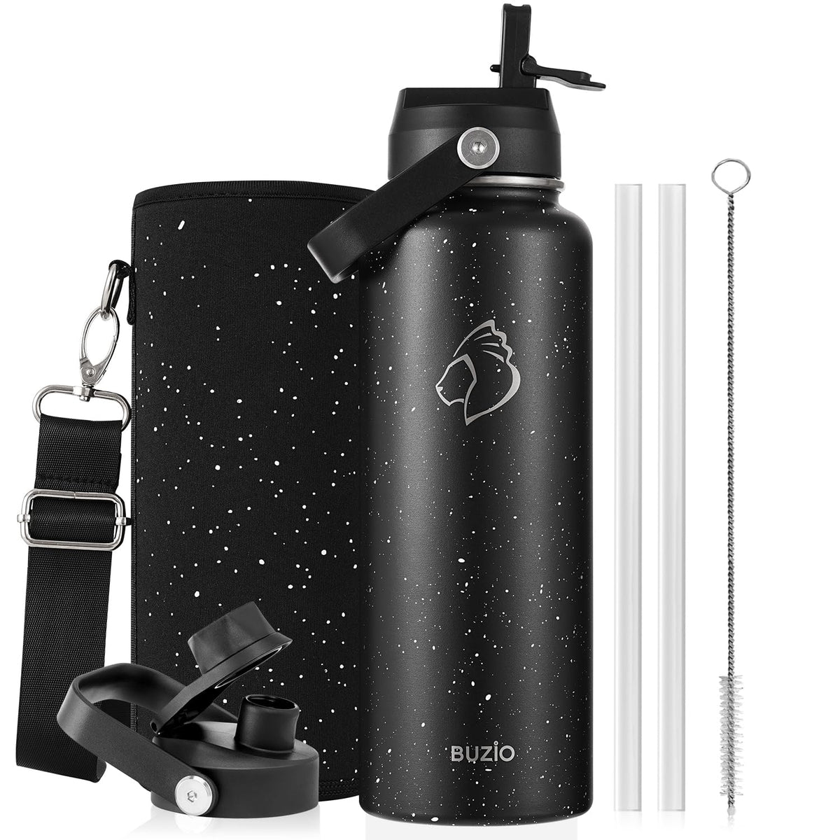 BUZIO 64 oz Insulated Stainless Steel Water Bottle with Dust-proof Lids