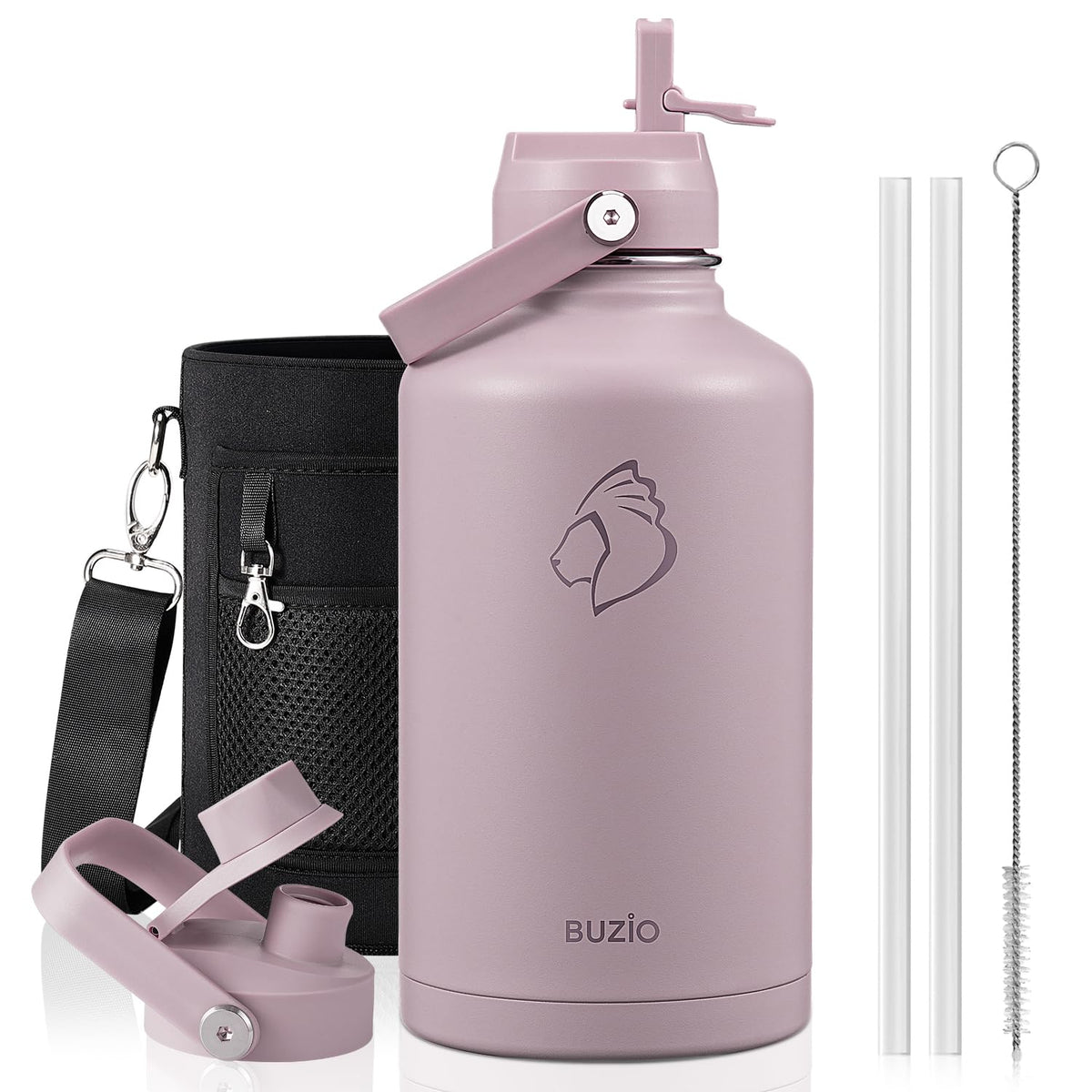 BUZIO 64 oz Insulated Stainless Steel Water Bottle with Dust-proof Lids