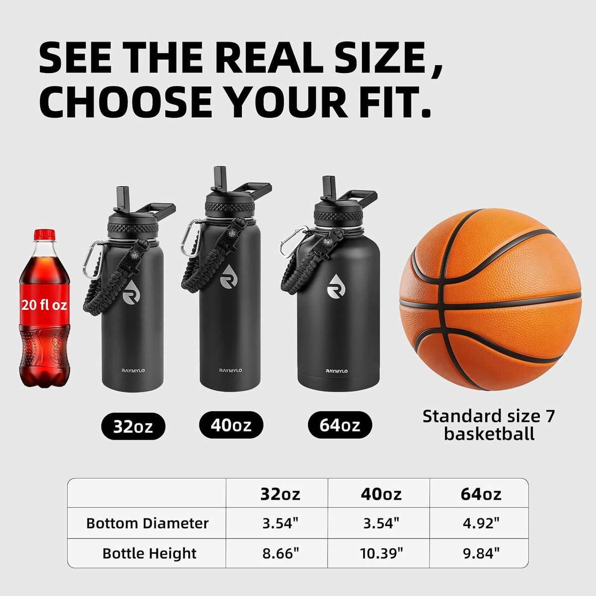 RAYMYLO Insulated Water Bottle 64 oz, Triple Wall Vacuum Stainless Steel