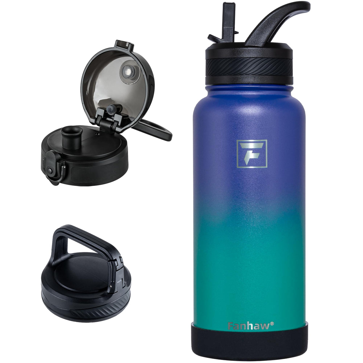 Fanhaw 32 oz Insulated Water Bottle – Portable Stainless Steel Flask with 3 Lids (Straw, Chug, Carabiner) | Leakproof, for Gym, Hiking, Work, Travel & Everyday Use (Black)