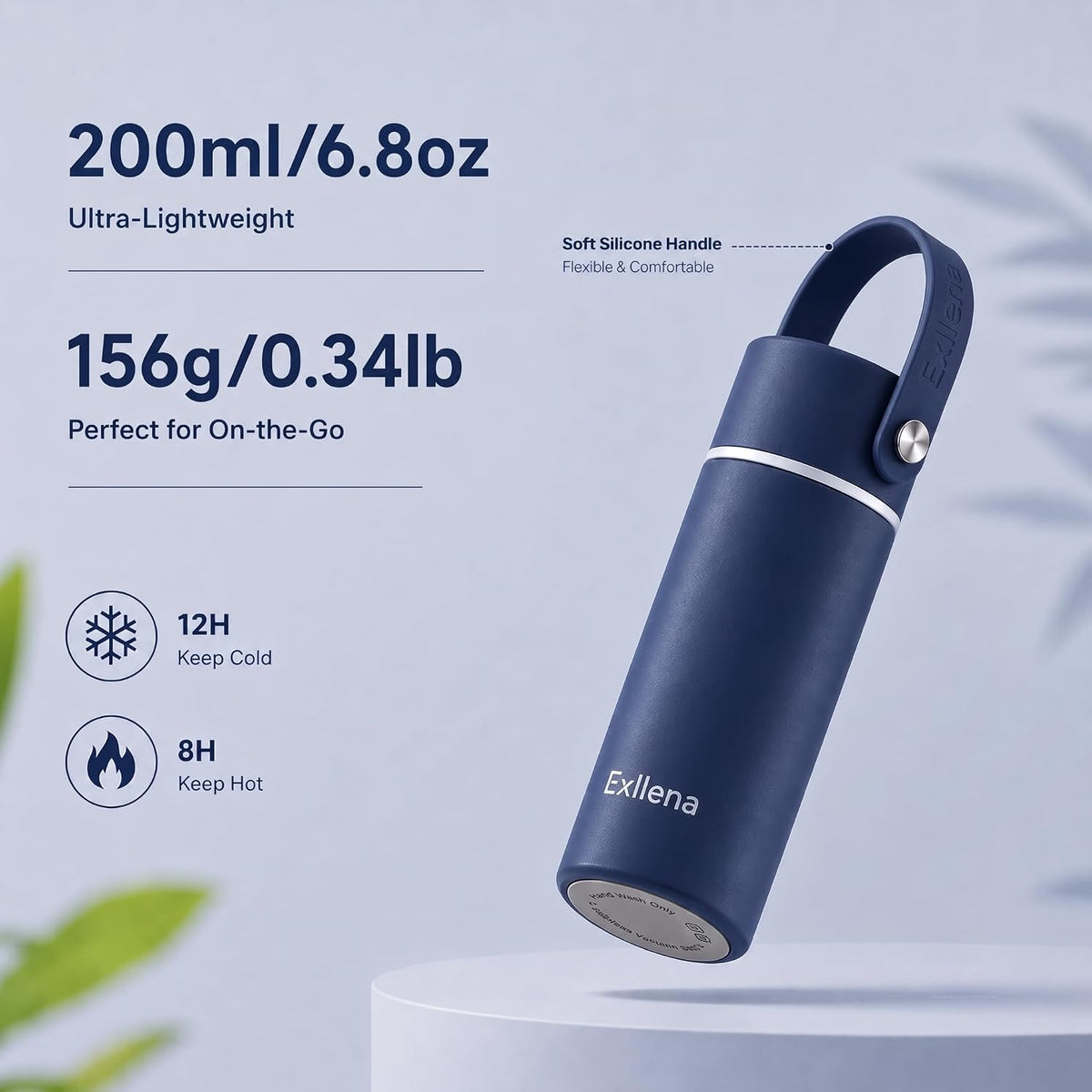 Exllena 【Upgraded】 Mini Insulated Water Bottle 6.8oz/200ml with Adjustable Silicone Handle– Small Flask for Hot & Cold Drinks, Leakproof, Ideal for Purse, Lunchbox...(Midnight Sapphire)