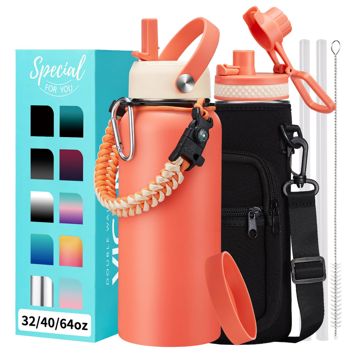 32/40/64OZ Insulated Water Bottle - Keep Cold 48H Hot 24H, Combo Straw/Spout Lids, Paracord Handle for Gym/Hiking, Carrier Bag +Strap, Cup Mat, BPA-Free Stainless Steel Flask Jug