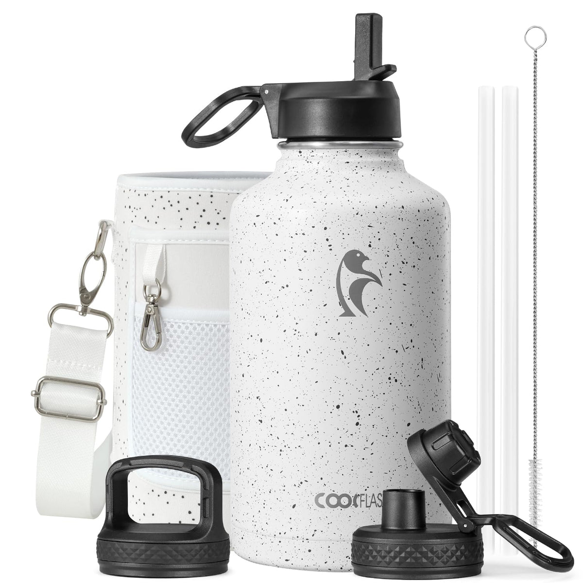 Coolflask 40 oz Water Bottle Insulated with Straw & 3 Leakproof Lids