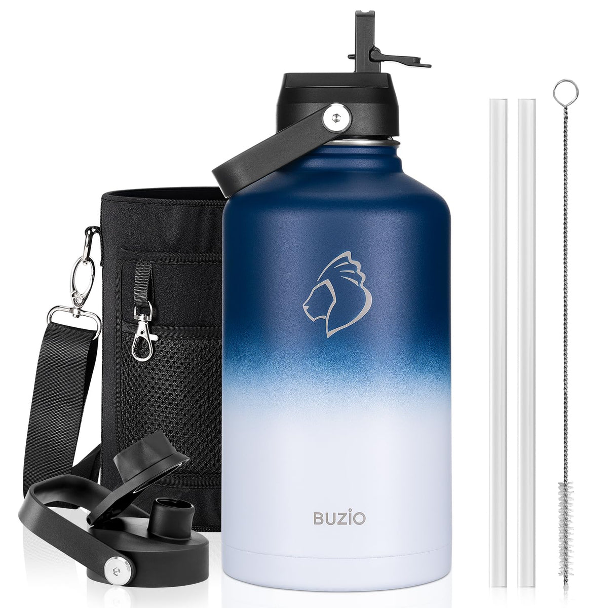BUZIO 64 oz Insulated Stainless Steel Water Bottle with Dust-proof Lids