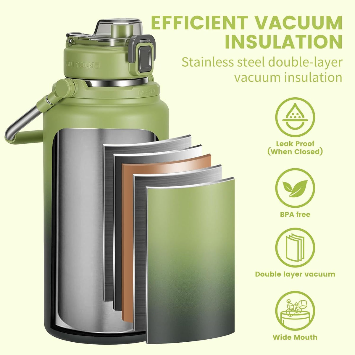 85 oz Insulated Water Bottle, Large Metal Water Jug with Stainless Steel Handle, Double Layer Vacuum Sports Water Flask with Straw & Spout Lids, for Gym, Camping, Outdoor (Green)