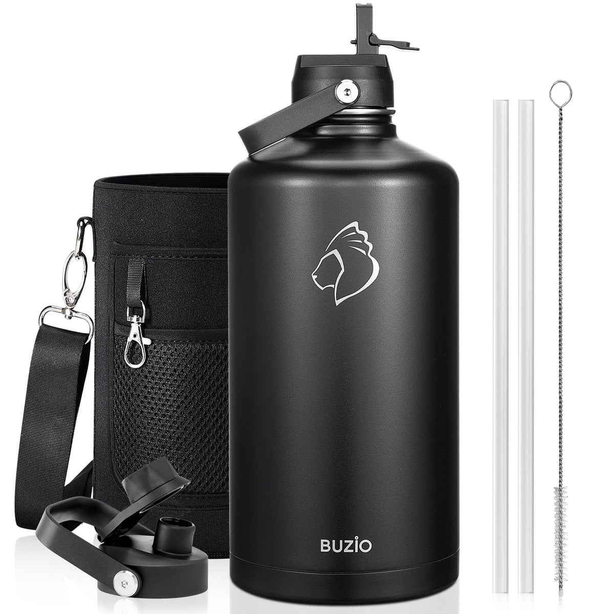 BUZIO 64 oz Insulated Stainless Steel Water Bottle with Dust-proof Lids