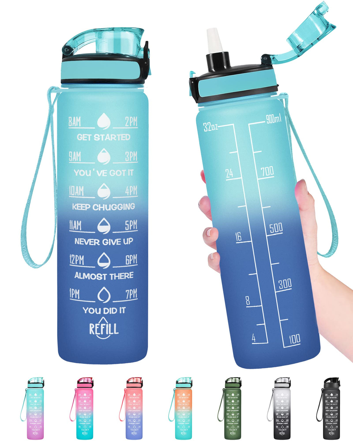 Enerbone Water Bottle, Leakproof BPA & Toxic Free, Motivational Water Bottle with Times to Drink and Straw, Fitness Sports Water Bottle with Strap for Office, Gym, Outdoor Sports