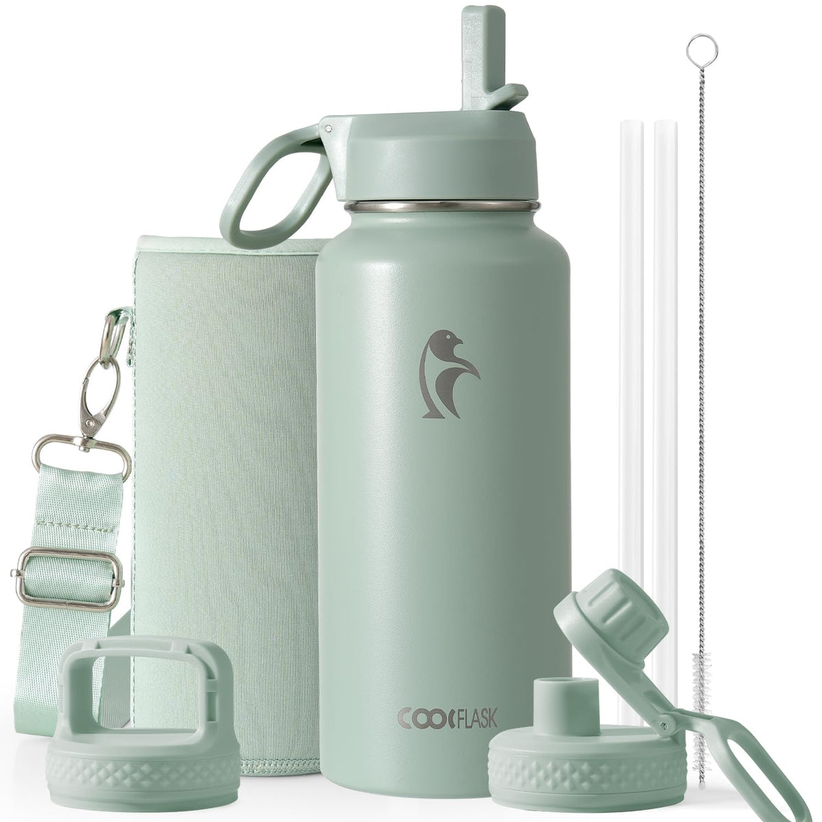 Coolflask Half Gallon Water Bottle Insulated with Straw & 3 Leakproof Lids