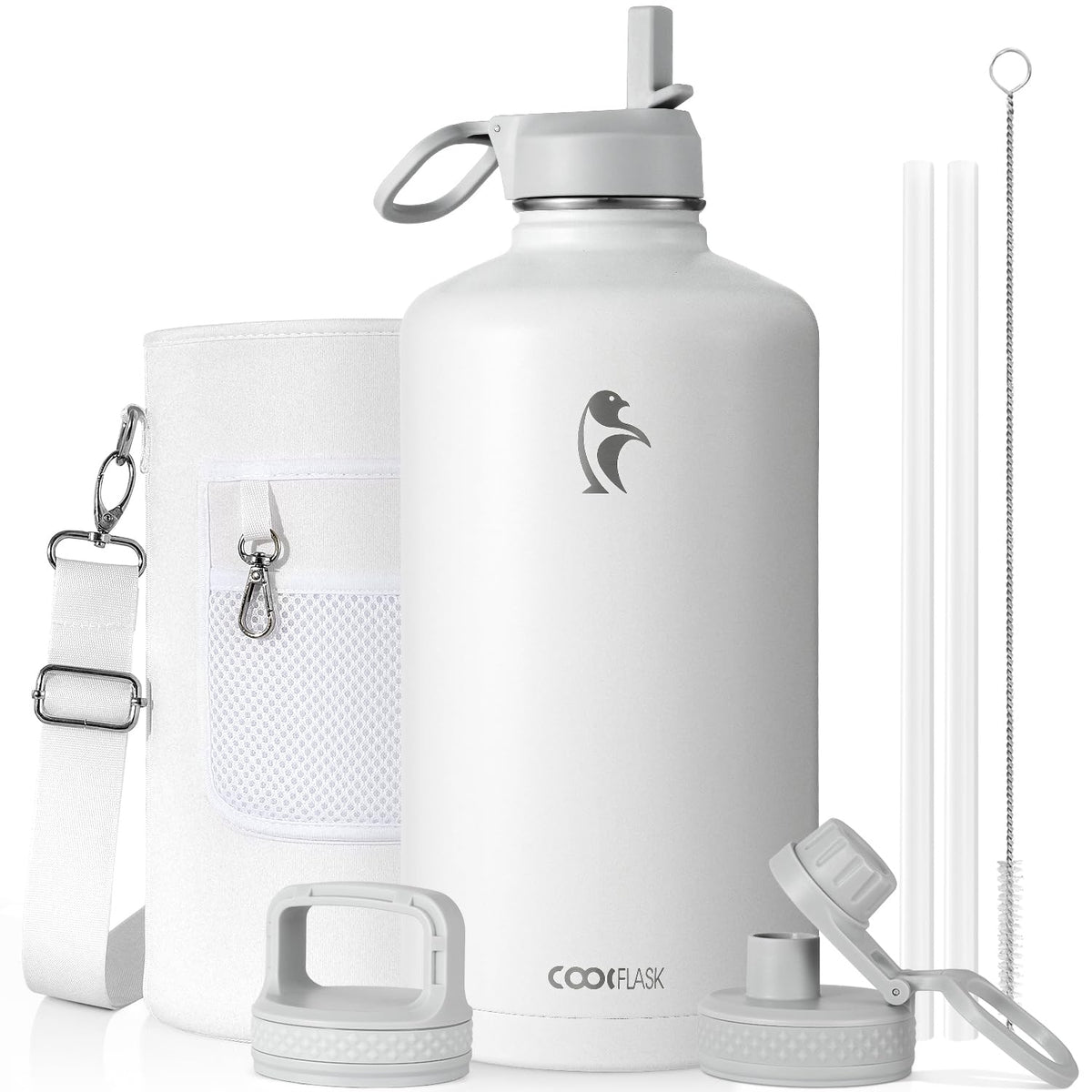 Coolflask 40 oz Water Bottle Insulated with Straw & 3 Leakproof Lids