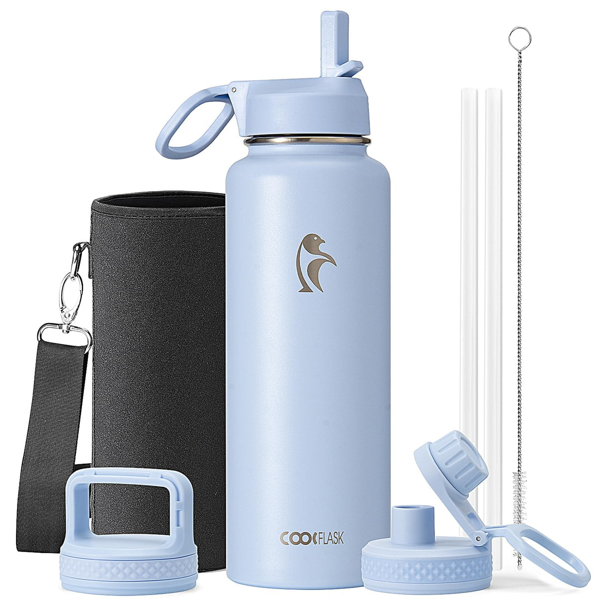 Coolflask Half Gallon Water Bottle Insulated with Straw & 3 Leakproof Lids