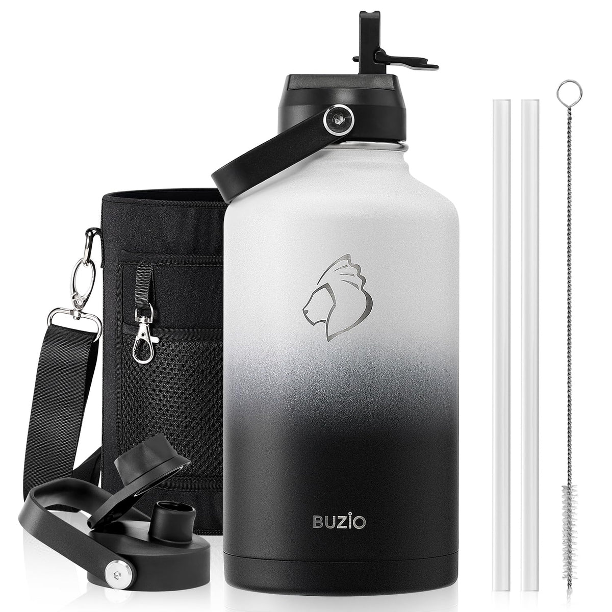 BUZIO 64 oz Insulated Stainless Steel Water Bottle with Dust-proof Lids
